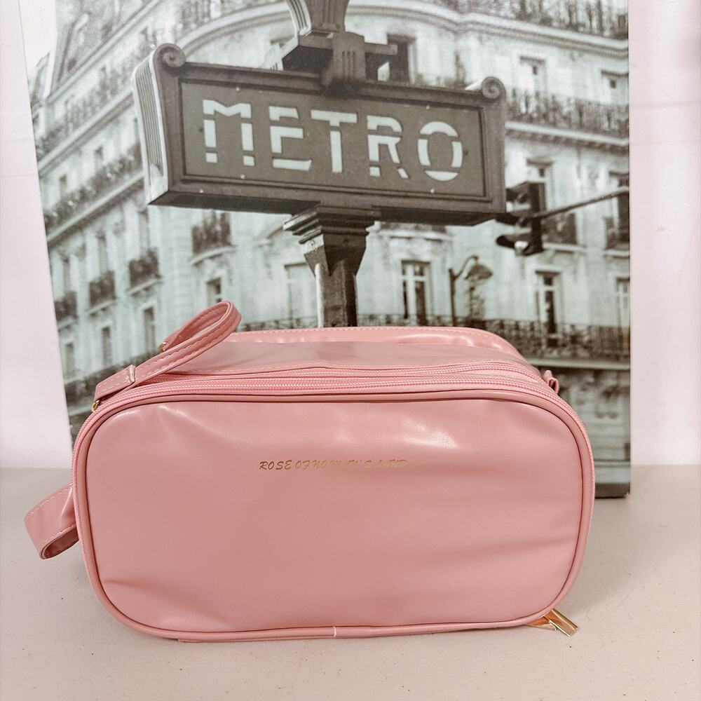 3‑Layer PU Leather Travel Makeup Bag with Handle Pink